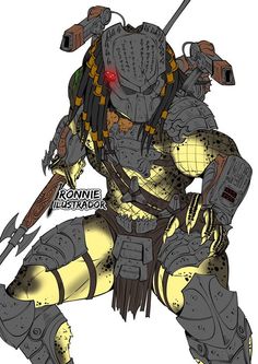 an alien creature with yellow and black armor, holding two large metal swords in his hands