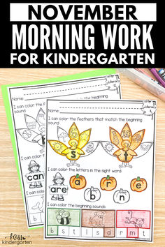 the november morning work for kids with pumpkins and leaves on it, including letter recognition