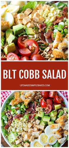 two pictures with the words blt cobb salad in red, white and green colors