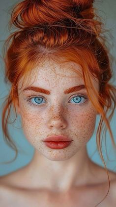 a woman with freckled hair and blue eyes