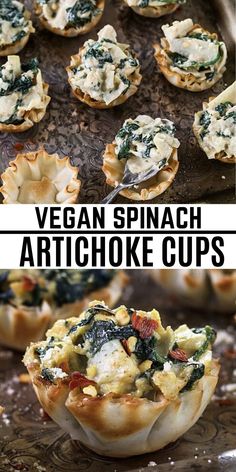 vegan spinach artichoke cups on a baking sheet with text overlay