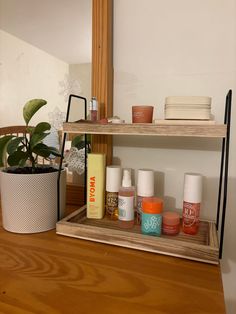 a wooden shelf with bottles and containers on it next to a plant in a pot