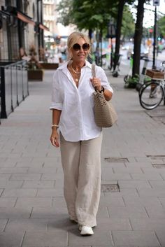 Plus Size Spring and Summer New Shirt Elastic Waist Wide Leg Pants Trousers Two-Piece Suit Beige Wide Leg Pants Outfit Plus Size, White Outfits For Women, Stylish Outfits For Women Over 50, Hacks Clothes, Shirt Pant Set, Stil Elegant, Casual Long Sleeve Shirts, Fashion Hacks, Intentional Living