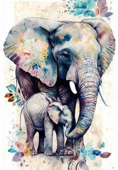 an elephant and its baby are painted in watercolor