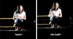 two pictures of a man sitting on a bench in front of a black background with the words taylor? like swift?