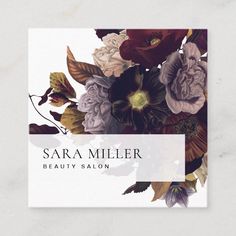 a business card with an image of flowers on the front and bottom, which reads sara miller beauty salon