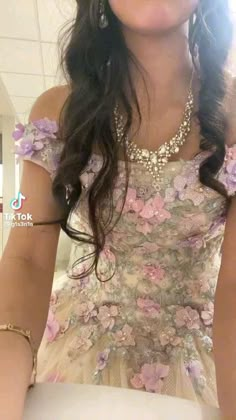 Quince Dresses Floral, Quince Themes Enchanted Forest Dress, Quinceanera Dresses Flowers, Quince Dress With Flowers, Flowers Quinceanera Theme, Sweet 16 Videos, Flower Quince, Vestidos Xv Aesthetic, Enchanted Forest Quince Dress