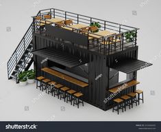 an industrial building with tables and stools on the top floor, 3d rendering image