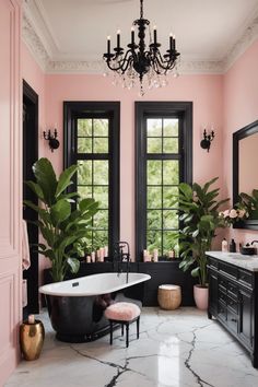 a bathroom with pink walls and black trimmings, a claw foot bathtub in the center