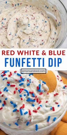 red, white and blue funfetti dip in a bowl