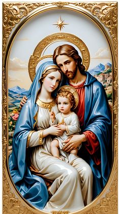 a painting of the virgin mary and child jesus with gold trimmings on a white background