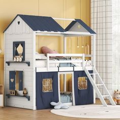 a child's bedroom with a doll house and stairs