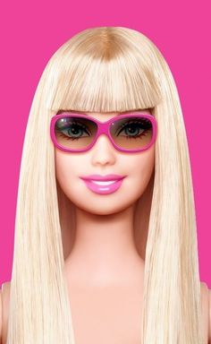 a barbie doll wearing pink sunglasses and long blonde hair