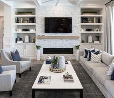 a living room filled with furniture and a flat screen tv mounted on the wall above a fireplace