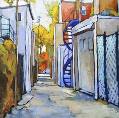 a painting of an alleyway with stairs and trees in the fall colors, painted on canvas