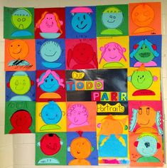 this is an image of a child's art project with colorful squares and faces