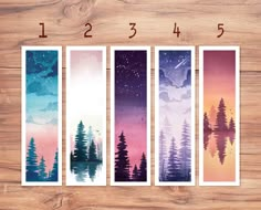 four watercolor bookmarks with trees on them and the number one in each row