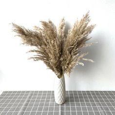 a white vase filled with dry grass on top of a tiled floor next to a wall