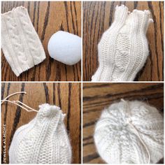 four pictures showing how to make a knitted ornament