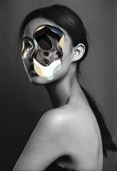 a woman with her face painted like a human skull and the image is black and white