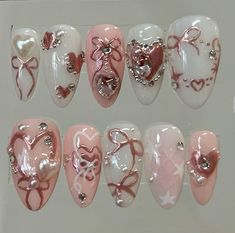 Purchase a set through my instagram link by dm’ing me!🩷 OG creator: oaklestudios on IG #nails #nailart #naildesign #pink #coquette #aesthetic #pressonnails #explore Sandy Liang Nails, Pink Hearts Nails, Cupid Nails, Nails Inspo Pink, Pink Coquette Nails, Slay Nails, Ig Nails, Nailart Pink, Pink Coquette Aesthetic