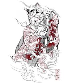 an ink drawing of a cat holding a fish in it's paws and wearing a kimono