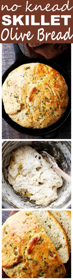 two pictures of bread in a skillet with text overlay that reads no knead,