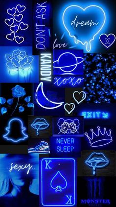 various neon signs and symbols are shown in the dark night sky, with blue light shining on