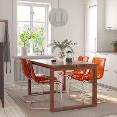 a dining room table with orange chairs and a potted plant on the end shelf