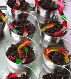 there are many cupcakes with worms in them on the tray and one is made out of dirt