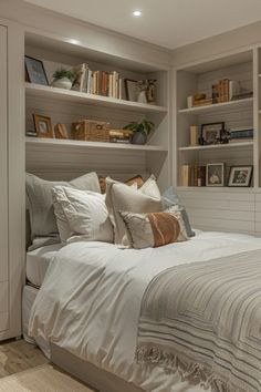 a bed sitting in a bedroom next to a bookshelf filled with lots of books