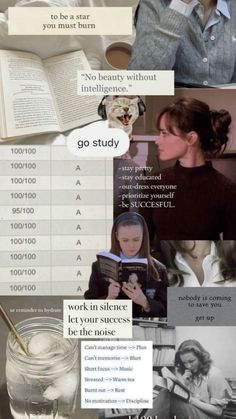 a collage of images with words and pictures on them, including an image of a woman