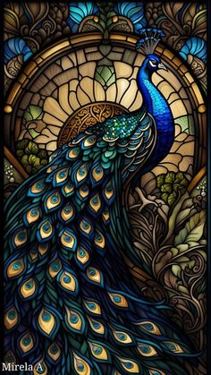 a stained glass window with a blue peacock on it's back and its feathers spread out