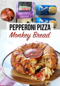 pepperoni pizza monkey bread on a wooden platter with ingredients surrounding it and text overlay