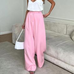 Elevate your summer style with our French Pink High Waist Wide-Leg Work Pants. These casual mopping pants are designed for all occasions, featuring a slimming and drooping design for a fashionable look Pink Wide Leg Pants, French Pink, Outwear Women, Loose Fabric, Leg Work, Long Trousers, Pant Length, Casual Office, Pink Pants