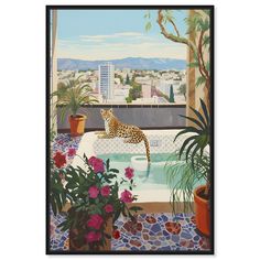 a painting of a leopard sitting on top of a bathtub next to potted plants