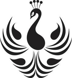 a black and white silhouette of a peacock with feathers on its head, in the shape of a crown