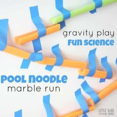 an advertisement for a children's play pool noodle marble run with blue and yellow streamers