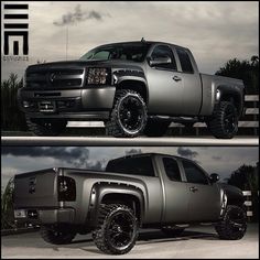 two pictures of a silver truck with black rims