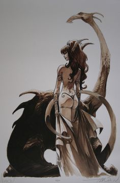 a drawing of a woman standing in front of a demon with long hair and horns