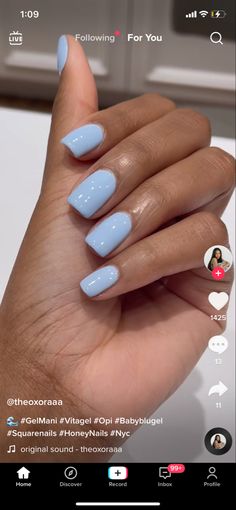 Royal Blue Nails Black Women, Manicure No Acrylic, Blue Overlay Nails, Light Blue Gel Nails Short, Short Square Blue Nails, Soft Color Nails, January Nails Blue, Short Nail Colors, Nail Colors For Brown Skin