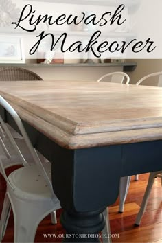 a kitchen table with chairs around it and the words, how to paint a linewash makeover