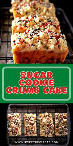 sugar cookie crumb cake on a cooling rack with text overlay that reads, sugar cookie crumb cake