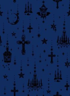 a blue background with stars, chandeliers and crosses on the bottom right corner