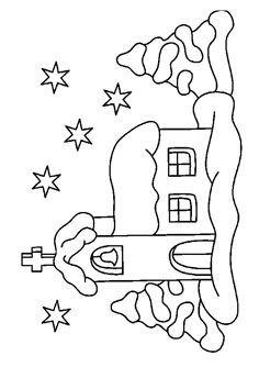 a black and white drawing of a house with stars