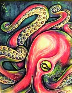 an octopus painting is shown in this colorful art work, with green and red colors