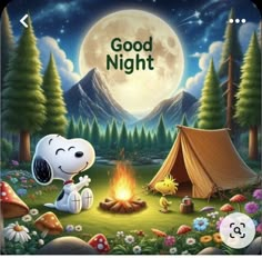 a cartoon dog sitting in front of a campfire with the words good night written on it