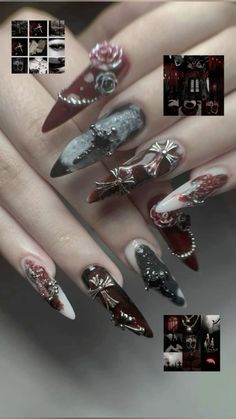 Elegant Gothic Nails, Elden Ring Nails, Dark Nail Inspiration, Medieval Nails, Gory Nails, God Nails, Fake Nails Designs, Punk Nails