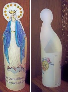 two bottles with designs on them sitting next to each other, one is empty and the other has an image of mary queen of heaven