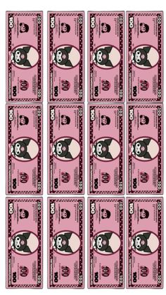 twenty dollars with panda faces on them in pink and black colors, set of ten bills